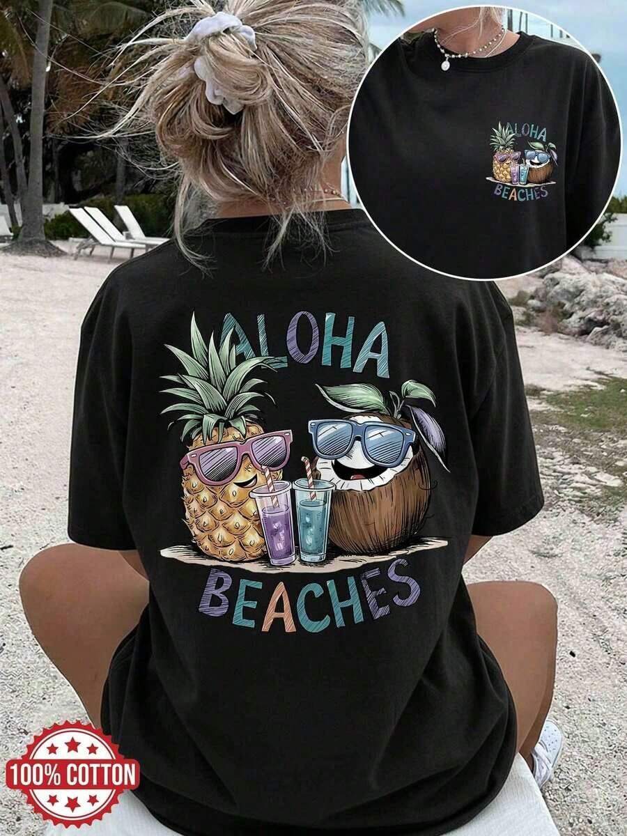 1 camiseta de mujer, [Estampado a doble cara] Top casual de verano para mujer, camiseta de manga corta con cuello redondo y estampado de piña y coco estilo ALOHA BEACHES, camiseta de algodón puro de gran tamaño con hombros caídos, camisetas gráficas, camisetas vintage, 180g 100% algodón (tallas S-3XL), top de mujer, camiseta de manga corta para mujer, camiseta de manga corta. - Negro - Ver 1
