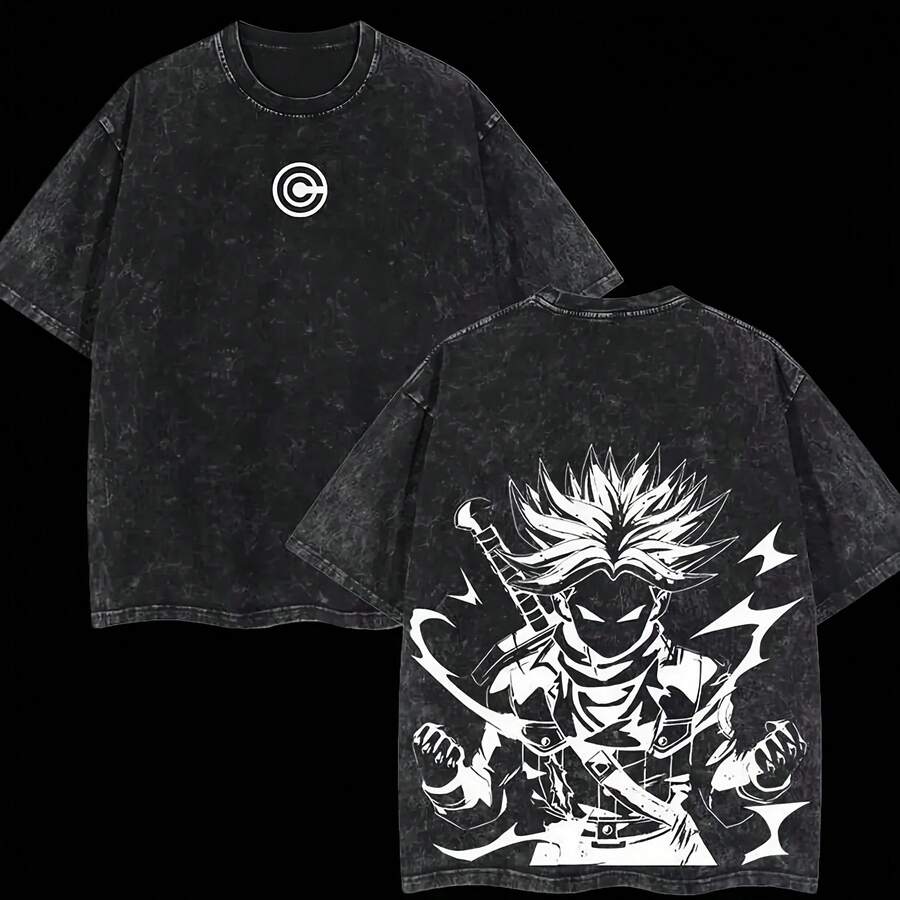 Dragon BallZ Future Trunks Vintage Washed Graphic T-Shirt, Oversized Short Sleeve Crewneck Tee, Men's Women's Casual Streetwear Top, Anime Dragon BallZ Grunge Aesthetic Black And White SuperSaiyan T-Shirt, Ropa De Hombre , Graphic Tee, Cotton Graphic Tees, Camisetas Para Hombre, Camisas Para Hombre, Anime Shirt, Anime Shirts, Shirts Graphic, Graphic Shirt, Graphic Shirts, Clothes For Men, Men's T Shirts, Summer Outfits, Mens Clothes, Shirts, Summer Clothes, Streetwear, Y2k, Graphic Tee, Men Gifts, Men's And Women's Double-Sided Printed Casual Street Commuter T-Shirts, Suitable For Fathers And Boyfriends, Are 100% Cotton Heavy T-Shirts, Father's Day Gift, Independence Day Gift, Thanksgiving Gift. - 黑色 - 查看 1