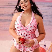 Swim Mod Plus Size Women Swimsuit, Sweet & Cute Casual Beach Holiday Random Floral, Plaid, Cherry Print Criss-Cross Ruffle Halter Tie Two Pieces Tankini Swimwear - Azul - Ver 6