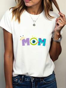 Camiseta de Manga Corta con Estampado de Dibujos Animados para Mujer - Diseo Gr£fico "MAM" con Ojos Juguetones, Cuello Redondo Casual, Tejido Suave y Cmodo, Lavable en M£quina, Camiseta Todo Temporada | Diseo Caprichoso - Blanco - Ver 2