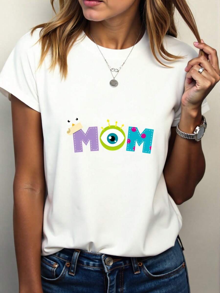 Camiseta de Manga Corta con Estampado de Dibujos Animados para Mujer - Dise￱o Gr£fico "MAM￁" con Ojos Juguetones, Cuello Redondo Casual, Tejido Suave y C￳modo, Lavable en M£quina, Camiseta Todo Temporada | Dise￱o Caprichoso