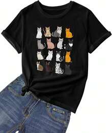 Camiseta de Mujer con Estampado de Dibujos Animados de Varios Gatos, Camisetas Gráficas de Animales de Manga Corta, Camiseta Ajustada de Cuello Redondo y Canalé Negra para Mujer - Negro - Ver 8