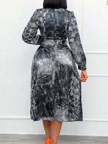 New 2026 Plus Size Spring Banquet Dress Long Sleeve Printed High Waist With Belt Included - 黑色 - 查看 2