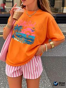 Camiseta de mujer y2k personalizada, a la moda, 180g de algodón puro, camiseta de mujer, top holgado de manga corta, elegancia urbana, transpirable para uso diario, estampado creativo para el verano, regalo para deportes al aire libre. Letras rosas "Salty Soul" combinadas con un patrón de puesta de sol en una playa tropical, palmeras azules y olas, elementos de puesta de sol y aves en rosa, diseño retro vibrante, adecuada para uso casual de verano. - Blanco - Ver 10
