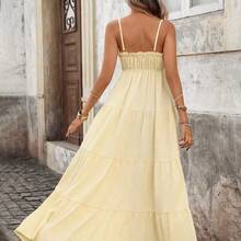 PariChic Women's French Style Vacation Spaghetti Strap Frill Trim Waist Fitted Long Textured Yellow Dress, Spring/Summer Yellow Maxi Dress Women Women Vacation Dress Yellow Sundress Women Long Sundress - Amarillo - Ver 3