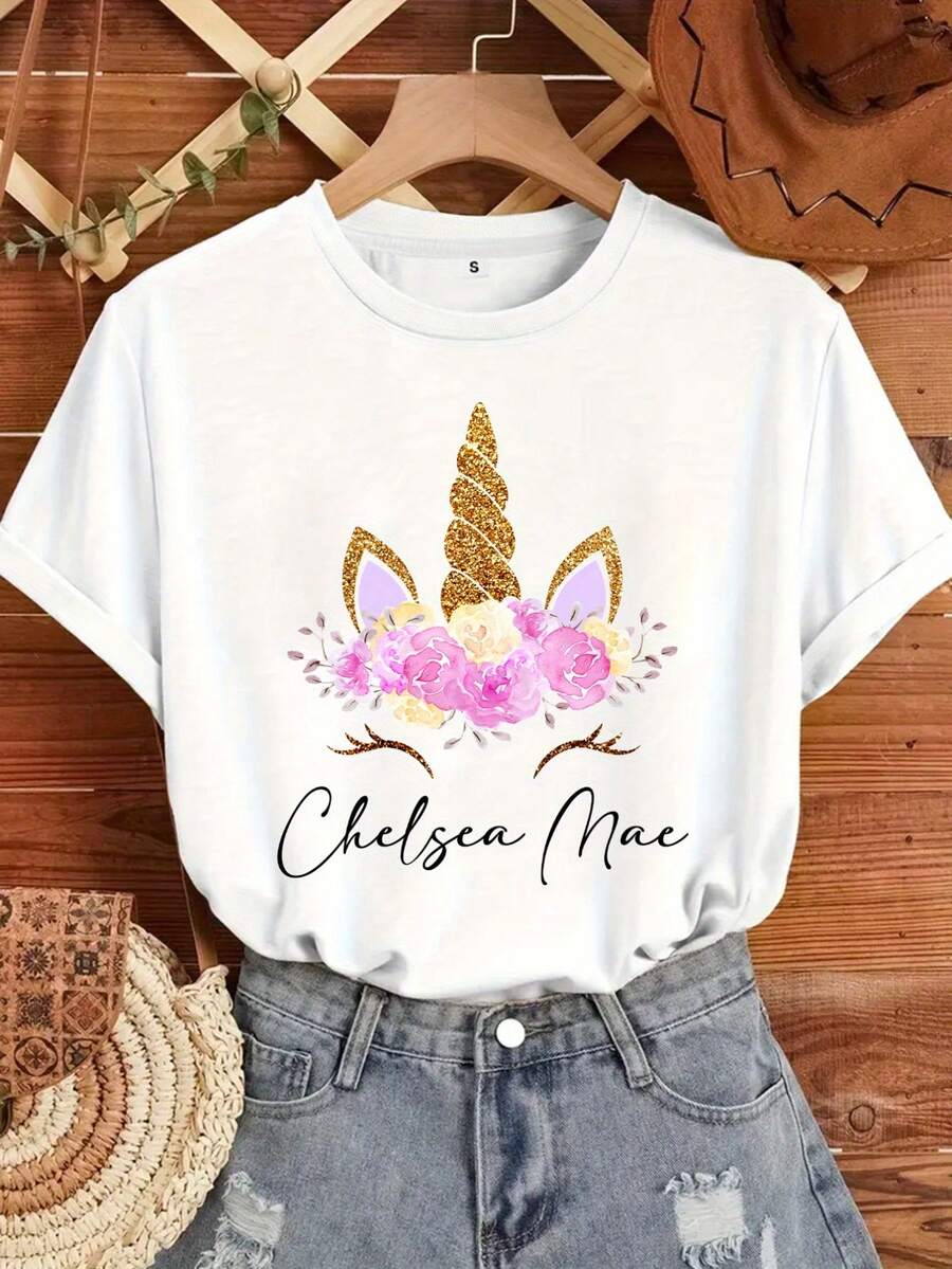 Camiseta manga corta cuello redondo 100% algodón, estampado trendy, tejido ligero y ventilado, estilo moda casual, apta para vida diaria, salidas informales y citas en primavera, verano y otoño - Blanco - Ver 1