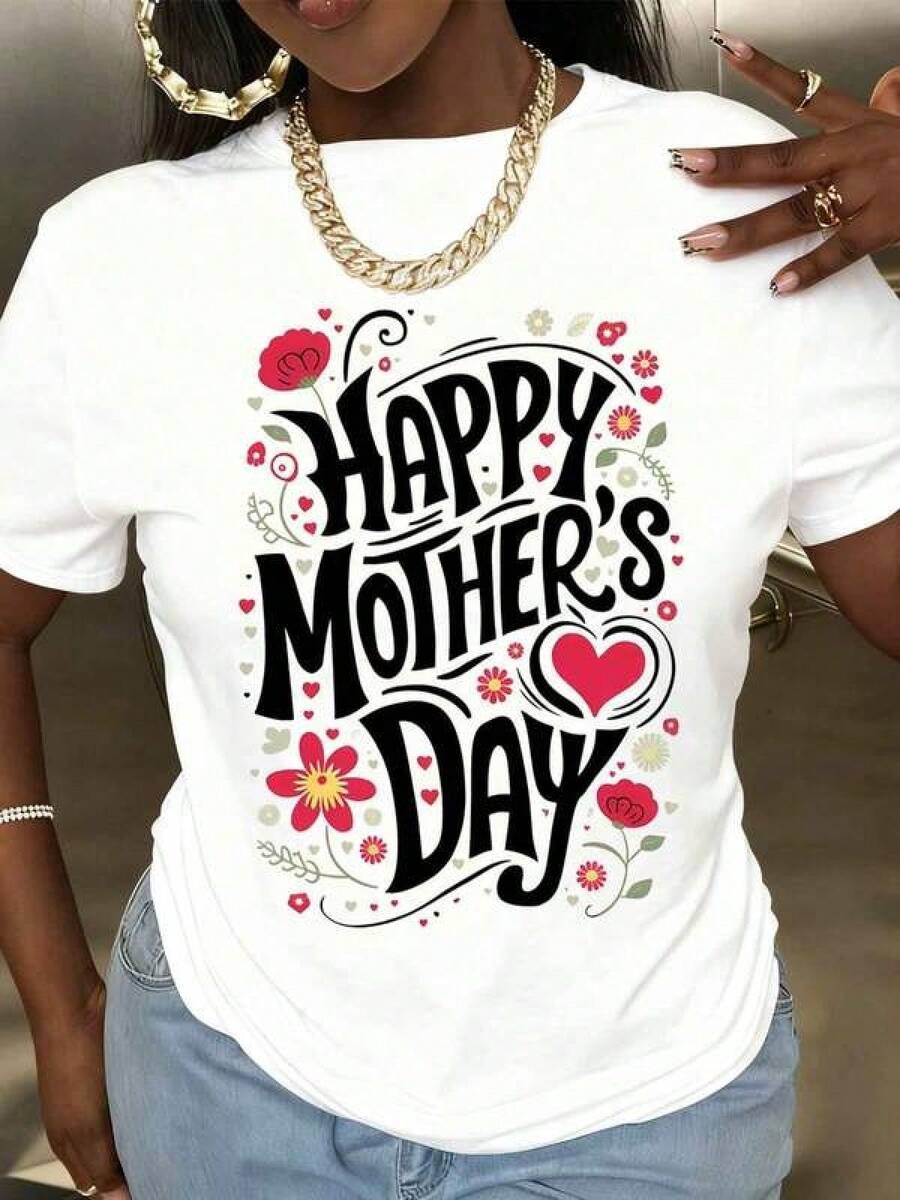 Women Happy Mothers Day Floral Heart Print White T-Shirt Fashion Holiday Casual Round Neck Short Sleeve Soft Comfortable Pure Cotton Fabric For Mother Day Celebration Party GiftsRopa De Mujer / Ropa De Mujer De Uso Diario / Blusas, Camisas Y Camisetas De Mujer / Camisetas De Mujer Ropa Deportiva Basicos Mujer Short Playeras Para Hombre - Blanco - Ver 1