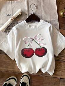Camiseta casual de manga corta con estampado y cuello redondo, ropa de talla de mujer - Blanco - Ver 1
