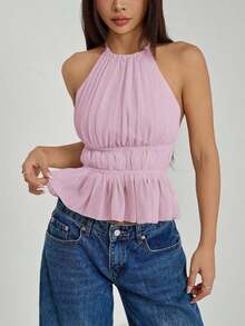 Top de tirantes sin espalda con cuello de halter y cintura anudada plisada para mujer - Púrpura malva - Ver 7