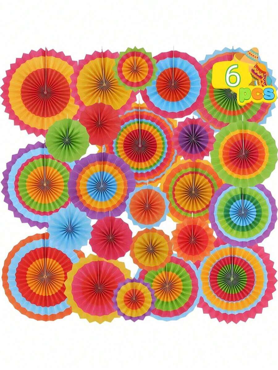 Conjunto de 6 peças de decoração colorida para festas temáticas, incluindo leques de papel para pendurar, com tema mexicano. Inclui discos de papel coloridos para pendurar, leques vibrantes com inspiração no sudoeste americano e muito mais. Ideal para festas mexicanas, cabines de fotos de carnaval, festas na piscina, casamentos de verão e decoração de ambientes. Perfeito para carnaval, formaturas, volta às aulas, Halloween, Dia de Ação de Graças e aniversários.