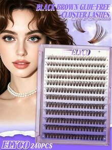 ELYCO Glue-Free Black Brown Segmented Fluffy False Eyelashes, 240 Clusters, 12 Rows, D Curl, 0.07mm, Fine Warm Brown Texture, Non-Stiff, 8-16mm Multi-Length Combination, Quick Application, Suitable For Natural, Light, And Bold Makeup Looks - D - View 1
