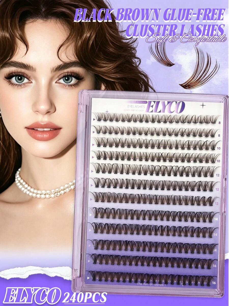 ELYCO Glue-Free Black Brown Segmented Fluffy False Eyelashes, 240 Clusters, 12 Rows, D Curl, 0.07mm, Fine Warm Brown Texture, Non-Stiff, 8-16mm Multi-Length Combination, Quick Application, Suitable For Natural, Light, And Bold Makeup Looks - D - View 1