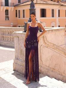 New Heavy Work Sexy Women's Pink 3D Floral Rhinestone Decor Off-Shoulder Backless Tassel Evening Gown, Wedding Party Banquet Dress - Dark Purple - View 10