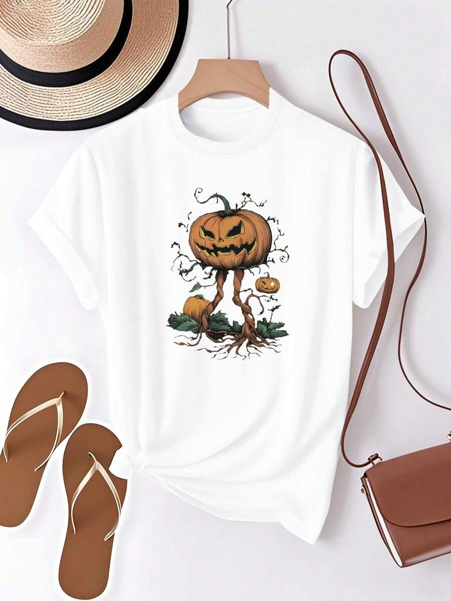 Women's Gothic T-Shirt With Pumpkins, Twisted Vines And Lanterns, 100% Comfortable Casual - Spooky Outfit For Halloween And Autumn, White With Print And Orange, Stain Washable, Casual Clothing, Sinister Design In Format Leaving A Cool Touch For All Seasons, Versatile Geometric Pattern, Perfect As A Cape, Suitable For Parade Day Or Theme Parties, Modest, Durable, Comfortable Construction, Graphic Shirt, Teenager Shopper - 白色 - 查看 1