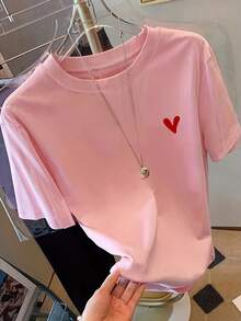 Camiseta manga corta cuello redondo 100% algodón, estampado trendy, tejido ligero y ventilado, estilo moda casual, apta para vida diaria, salidas informales y citas en primavera, verano y otoño - rosa - Ver 6