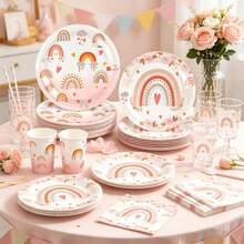 Kit de 50 piezas de vajilla desechable estilo boho chic con arcoíris pastel, platos, vasos y servilletas con hermosos estampados de rosas y corazones. Excelente opción para fiestas de cumpleaños de niñas, baby showers, despedidas de soltera y bodas bohemias, decoración y artículos esenciales perfectos para un ambiente romántico - Multicolor - Ver 3