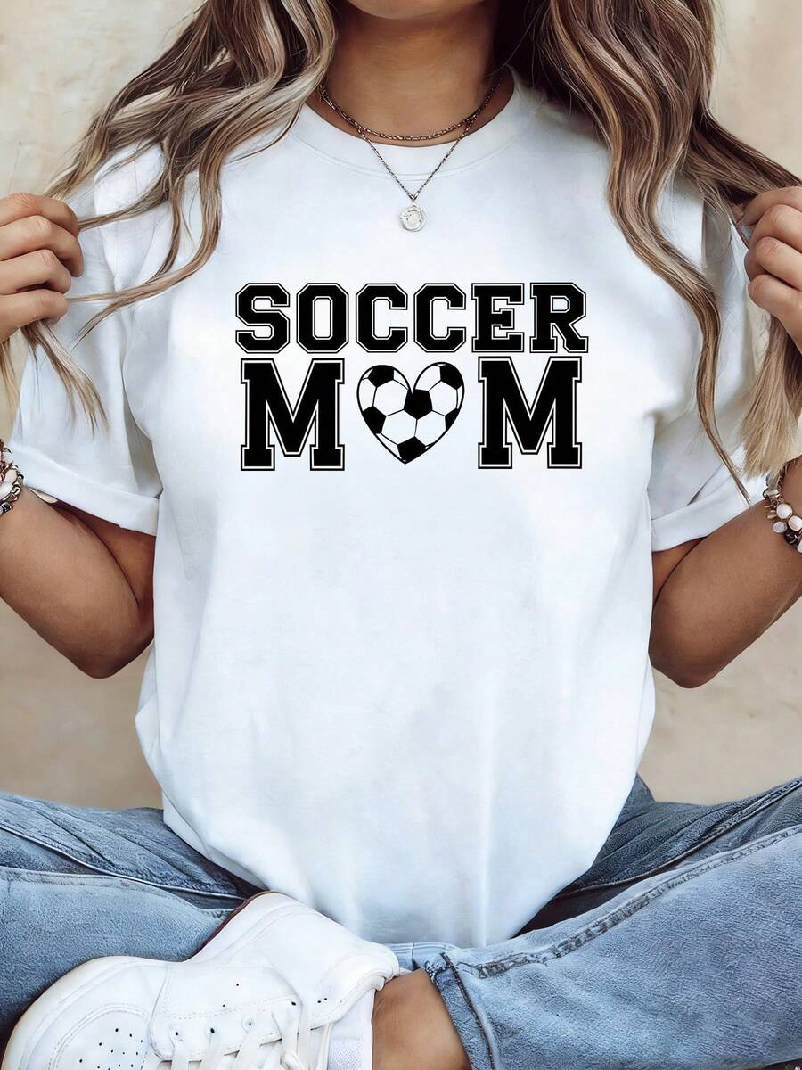 Talla Grande - Talla Grande - Conjuntos Encdores para Ver el Juego: Soporte para Madres de Fútbol con un Patrón de Corazón con Texturas de Fútbol. Camiseta Elegante Casual de Cuello Redondo para Mujer de Talla Grande parrimavera y Verano, Perfectara Uso Diario, Compras