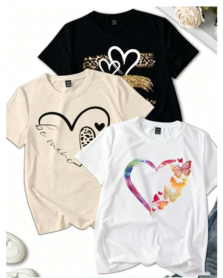 Nueva camiseta de mujer Prenda individual, no un conjunto de 3 piezas, 1 piezas/set de camisetas de manga suitable for streetwear, Top oversized cuello redondo daily outings, camping, concerts, hip-hop, rock, and rap events, de manga corta con cuello redondo, 100% algodón, holgada, de estilo casual y versátil con estampado moderno, ideal como prenda básica. - Negro - Ver 1