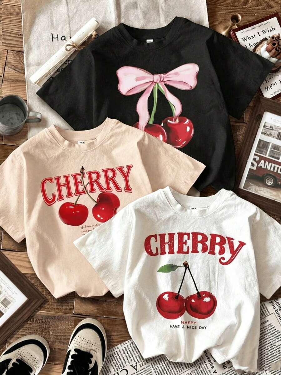 camisetas de manga Prenda individual, no un conjunto de 3 piezas, 1 piezas/set de camisetas de manga suitable for streetwear, Top oversized cuello redondo daily outings, camping, concerts, hip-hop, rock, and rap events corta de ajuste ceñido con estampado de cereza en estilo minimalista casual, adecuadas para el verano - Negro - Ver 1