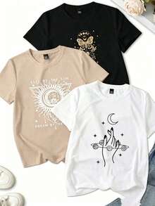 Pack Prenda individual, no un conjunto de 3 piezas, 1 piezas/set de camisetas de manga suitable for streetwear, Top oversized cuello redondo daily outings, camping, concerts, hip-hop, rock, and rap events camisetas estampadas mujer corte recto manga corte cuello redondo tshirt dama Luna magia bruja - Negro - Ver 1