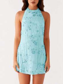 2026 Spring/Summer New European And American Elegant Women's Dress Series Orange Embroidered Halter Dress, Sleeveless Bodycon Party Dress Club & Evening KI6V - 藍色 - 查看 3