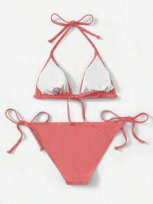 Women's Simple Solid Color Swim Bikini With A Halter Neck And Cutout, Suitable For Beach Vacations And Summer. - Old Rose - View 2