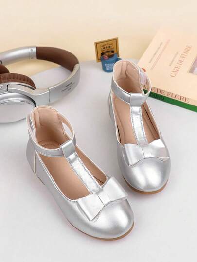 1 Pair Girls' Flat Shoes, New Summer Pearl Bow T-Strap Soft Bottom Casual Princess Shoes, Breathable Outdoor Shoes