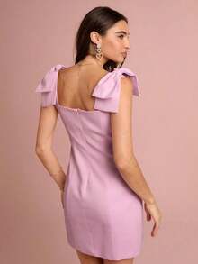 Vestido mini rosa con gran lazo en el hombro, sin mangas, estilo princesa, romántico para mujer, dulce y elegante para vacaciones, citas, fiestas, graduación, invitadas a bodas, vestido de fiesta, vestidos de verano para mujer, ropa de verano - Rosa - Ver 3
