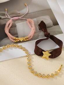 1 Peça Elegante Moda Exquisita Pulseira de Flor com Contas de Cristal de Zircônia de Estrela e Coração de Cobre, Adequada para Uso Diário, Presentes, Festas, Banquetes, Casamentos. Esta Joia Feminina de Design Lindo é um Excelente Presente, os Elementos de Coração e Flor são Perfeitos para Irmãs ou Entes Queridos, Muito Adequado para Casamentos e Férias. - Dourado - Visão 5