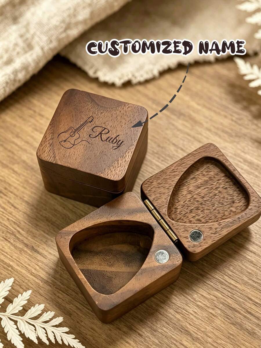 1pc Customized Carved Black Walnut Guitar Pick Case, Personalized Wooden Guitar Pick Storage Box, Laser Engraved, Ideal Gift For Guitarists And Musicians, Suitable For Birthday, Anniversary, Christmas - Black Walnut Wood Color - View 1