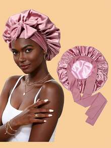 1 chiếc mũ ngủ bằng satin, mũ ngủ bằng lụa, mũ hai lớp có dây chun, phù hợp cho tóc xoăn. - A - Xem 12