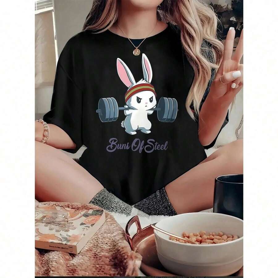 1 Pc T-Shirt With A Fun Rabbit Design In A Casual Style, Perfect For Everyday Wear - Discover The Latest Offers On Women's T-Shirts! 180g 100% Cotton - 黑色 - 查看 1