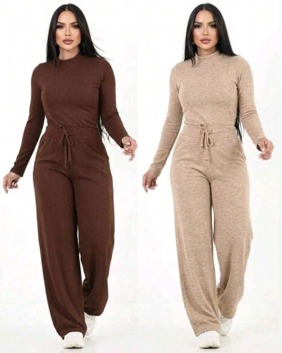 Kit Of 2 Women's Winter Fashion Sets -  Cold Weather Style - Women's Pants - Long-Sleeved Shirt - 兩件套裝 - 棕色和米色 - 查看 1