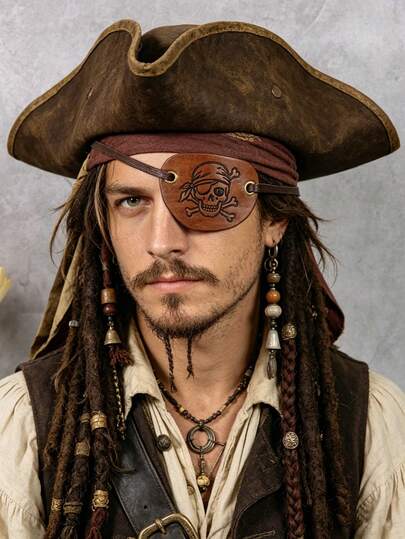 1PC Retro Brown Faux Leather Pirate Eye Patch With Skull Design One-Eyed Eyepatch For Halloween Cosplay Party Costume Accessories