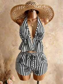 Conjunto de verano sexy, lindo y elegante romántico con top de tirantes con cuello en V profundo de lino a rayas blancas y caqui, emparejado con shorts casuales de playa de cintura con cordón, color rosa - Negro - Ver 4