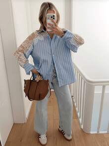 Elegant Semi-Sheer Lace Patchwork Long Sleeve Blouse For Women, Suitable For Street Casual And Dating Wear In Autumn - Blue - View 5