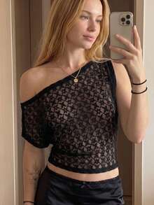 Women Sheer Off Shoulder Tops Slim Fit Flower Pattern Sleeveless Crop Shirts For Summer Going Out Party Club - Black - View 8
