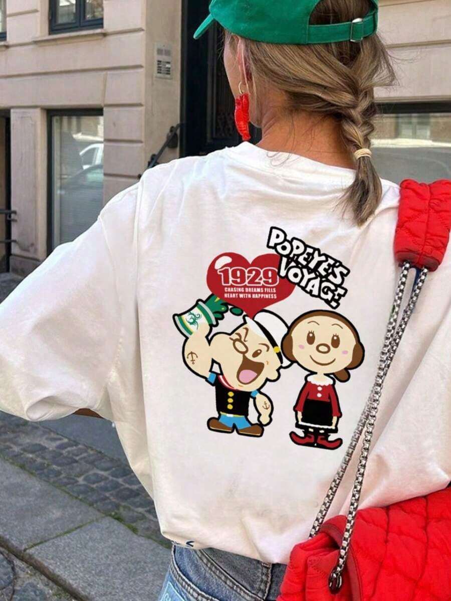Camiseta casual de mujer de cuello redondo y manga corta con estampado de dibujos animados, versátil para uso diario, primavera/verano,Camisetas Gráficas de Verano para Mujer - Blanco - Ver 1