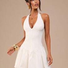 Simple Solid White Deep V-Neck Fitted Mini Dress For Women, Elegant White Dress, Beach Holiday Dress, Graduation/School Season White Dress - Blanco - Ver 4