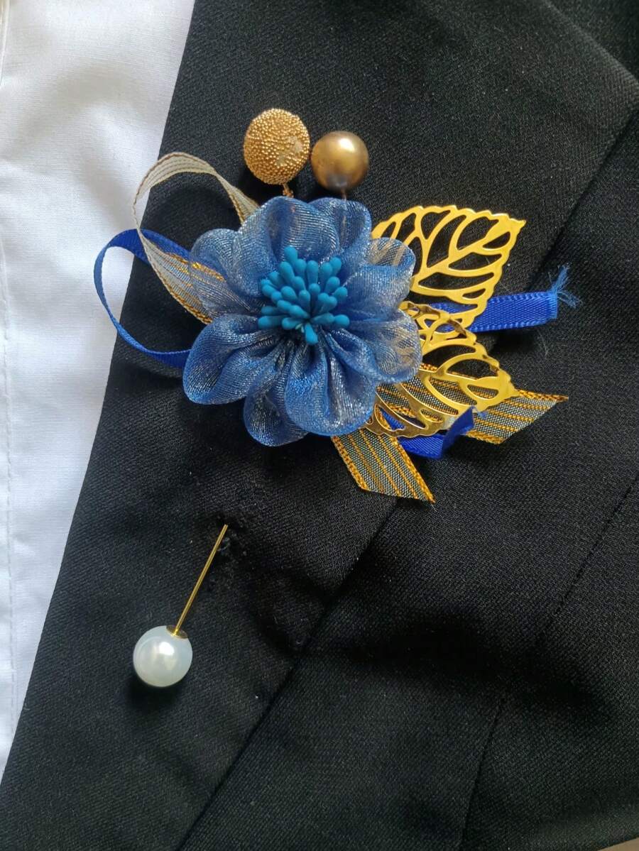 1pc Unisex Blue Rose & Daisy Flower Brooch, Gold Accent, Wedding Lapel Flower Decor, 1pc,Festival,Birthday - Multicolor - View 1