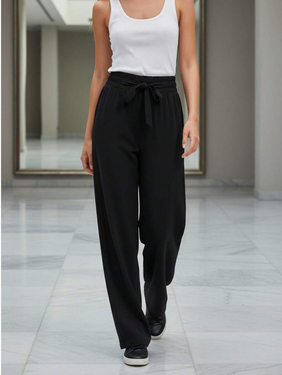 WOMEN CASUAL LOOSE FİT PANTS ELASTİC WAİST - 黑色 - 查看 1