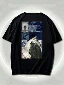Camiseta de manga corta con estampado de caballo en blanco y negro estilo retro americano, unisex, estilo urbano, holgada y de gran tamaño, estilo para parejas. - Blanco - Ver 9