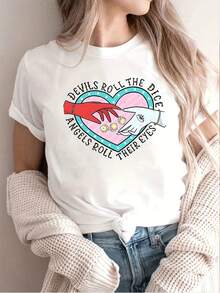 Playera de Mujer con Estampado de Corazón y Frase "Devils Roll The Dice" Manga Corta Cuello Redondo Casual Estilo Vintage Aesthetic - Blanco - Ver 1