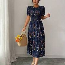 Elenzya Elegant Floral Print Ruched Waist Layered Splice Dress For Women, Suitable For Vacation - Multicolor - Ver 10