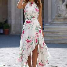 White Floral Print Asymmetrical Ruffle Hem Dress For Vacation - Blanco - Ver 4