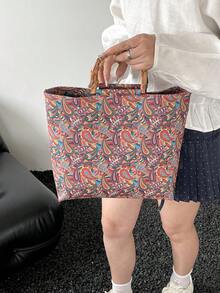 Bolso de mano de lona con estampado, de gran capacidad, con asa de bambú con diseño de flor de anacardo retro, bolso versátil para el transporte diario - Multicolor - Ver 8