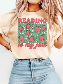 Camiseta Elegante de Manga Corta para Mujer con Estampado "Reading is My Favorite", Cuello Redondo, Cómoda, Suave, Transpirable, Nuevo Regalo Primavera/Verano, a la Moda para Viajes, Vacaciones, Uso Diario, Top Casual Versátil Vintage - Camiseta Unisex de Algodón Holgada de Manga Corta y Cuello Redondo Estilo Vintage Urbano - Albaricoque - Ver 12