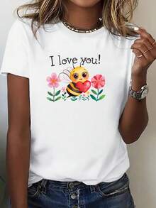 Women's Short Sleeve Printed T-Shirt, Bee And Heart Design With Fun Slogan, Casual Everyday Style, Comfortable Basic Autumn T-Shirt, Short Sleeve For Activities, Uni. Rare T-Shirts, Family Set, New Collection, Fashion Short Sleeve, Gift - 白色 - 查看 1
