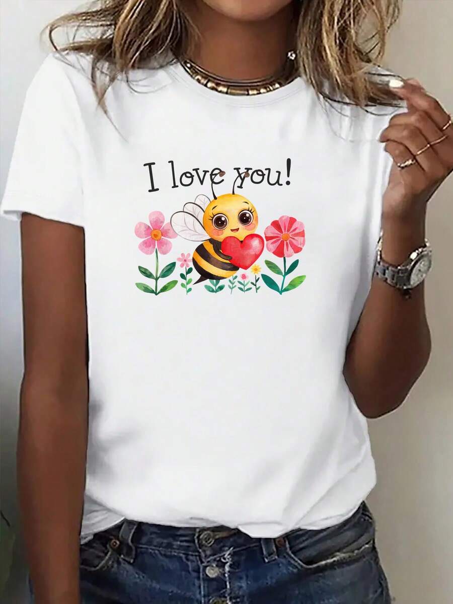 Women's Short Sleeve Printed T-Shirt, Bee And Heart Design With Fun Slogan, Casual Everyday Style, Comfortable Basic Autumn T-Shirt, Short Sleeve For Activities, Uni. Rare T-Shirts, Family Set, New Collection, Fashion Short Sleeve, Gift - 白色 - 查看 1