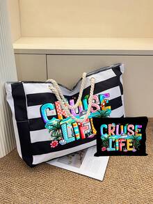 Cruise Life 條紋海灘托特包套裝，大容量帆布托特包附拉鍊收納袋，防水繩編手把，適合郵輪、海灘、旅行使用，可收納泳衣、毛巾、防曬乳及郵輪必需品，適合女性、女孩、旅行者與郵輪愛好者，完美適合作為夏季度假、生日與節日禮物，可用作郵輪包、海灘包、泳裝包與旅行收納包 - 彩色 - 查看 4